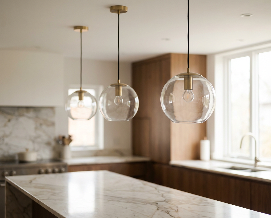 Three glass globe pendants at staggered heights over kitchen island