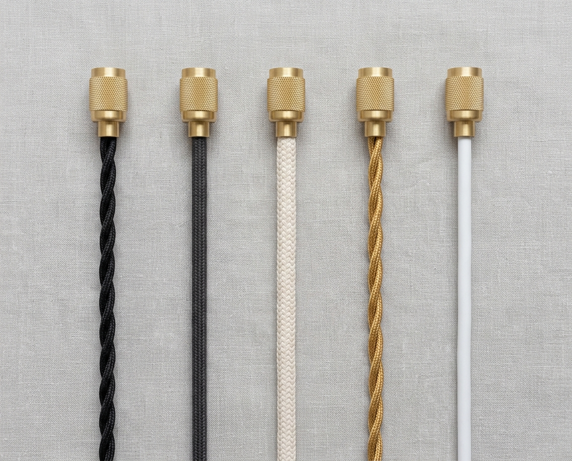 Five cable types with brass fittings — twisted, braided, smooth in black, ivory, gold, white