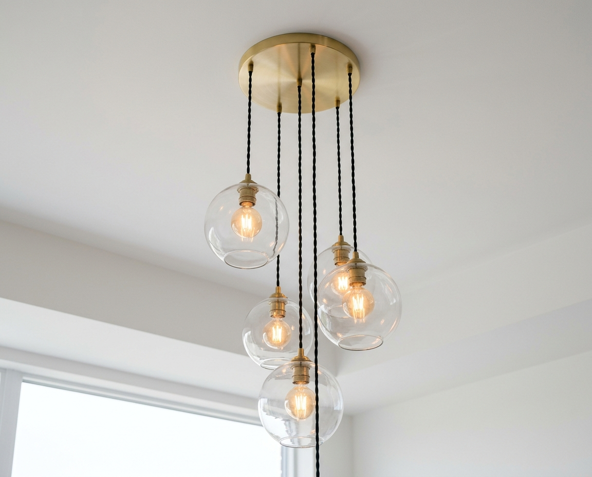 Five clear glass globe pendants in staggered cluster from brass ceiling plate
