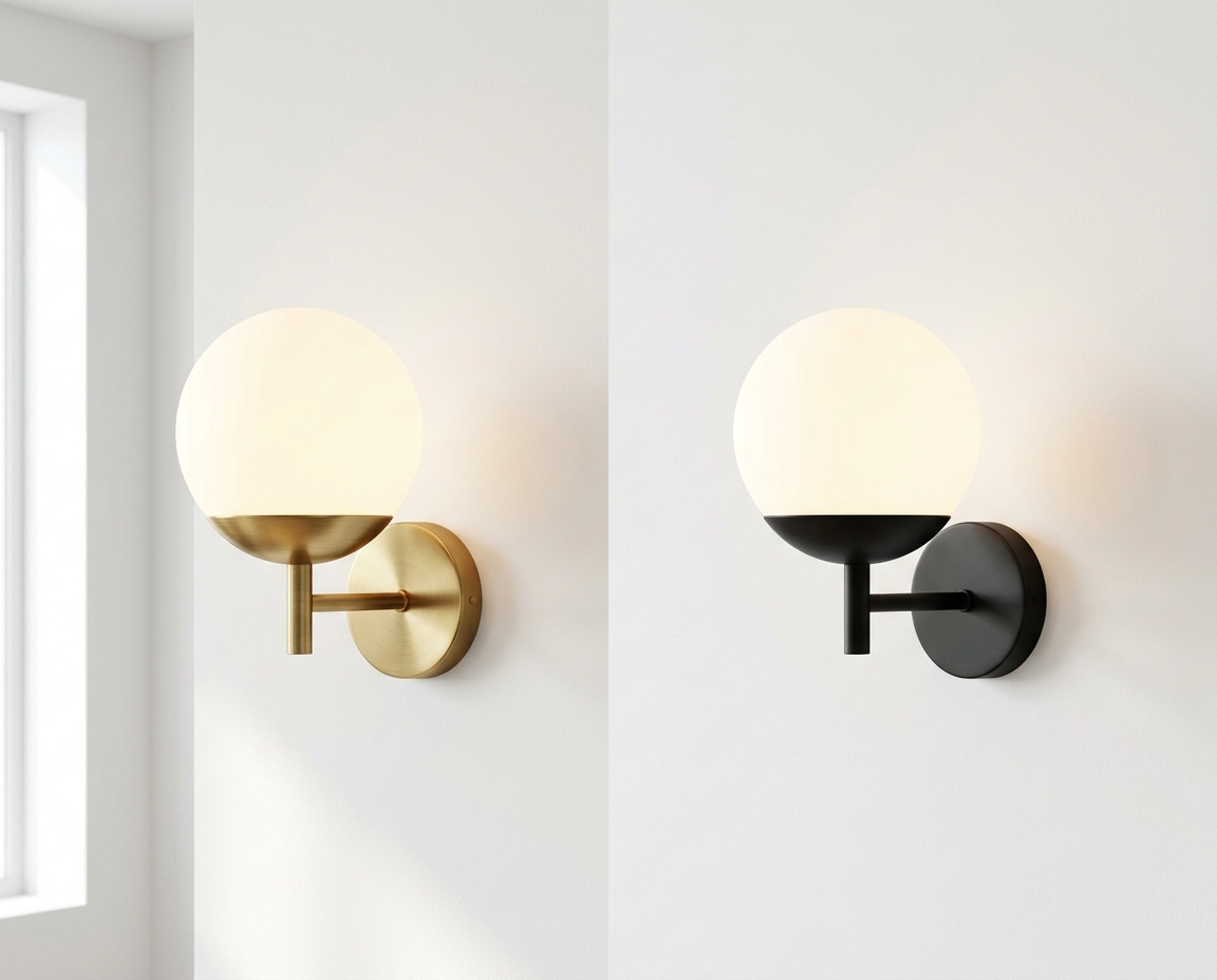 Same globe wall light in satin brass and matte black finishes side by side