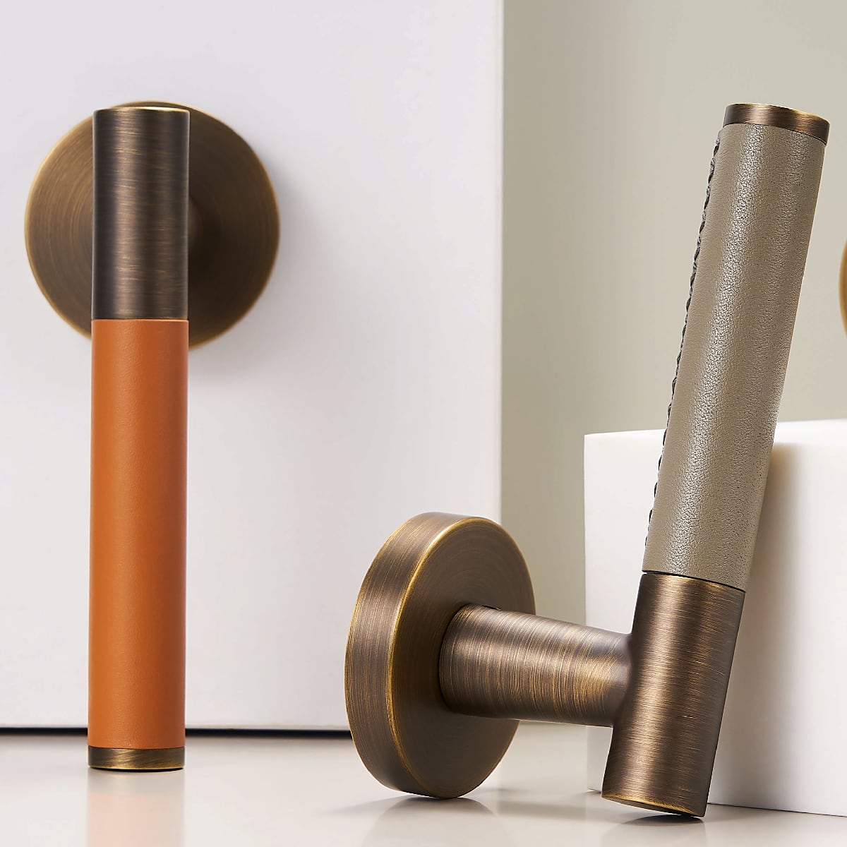 BEETHAM Solid Brass & Leather Lever Door Handles in Antique Brass