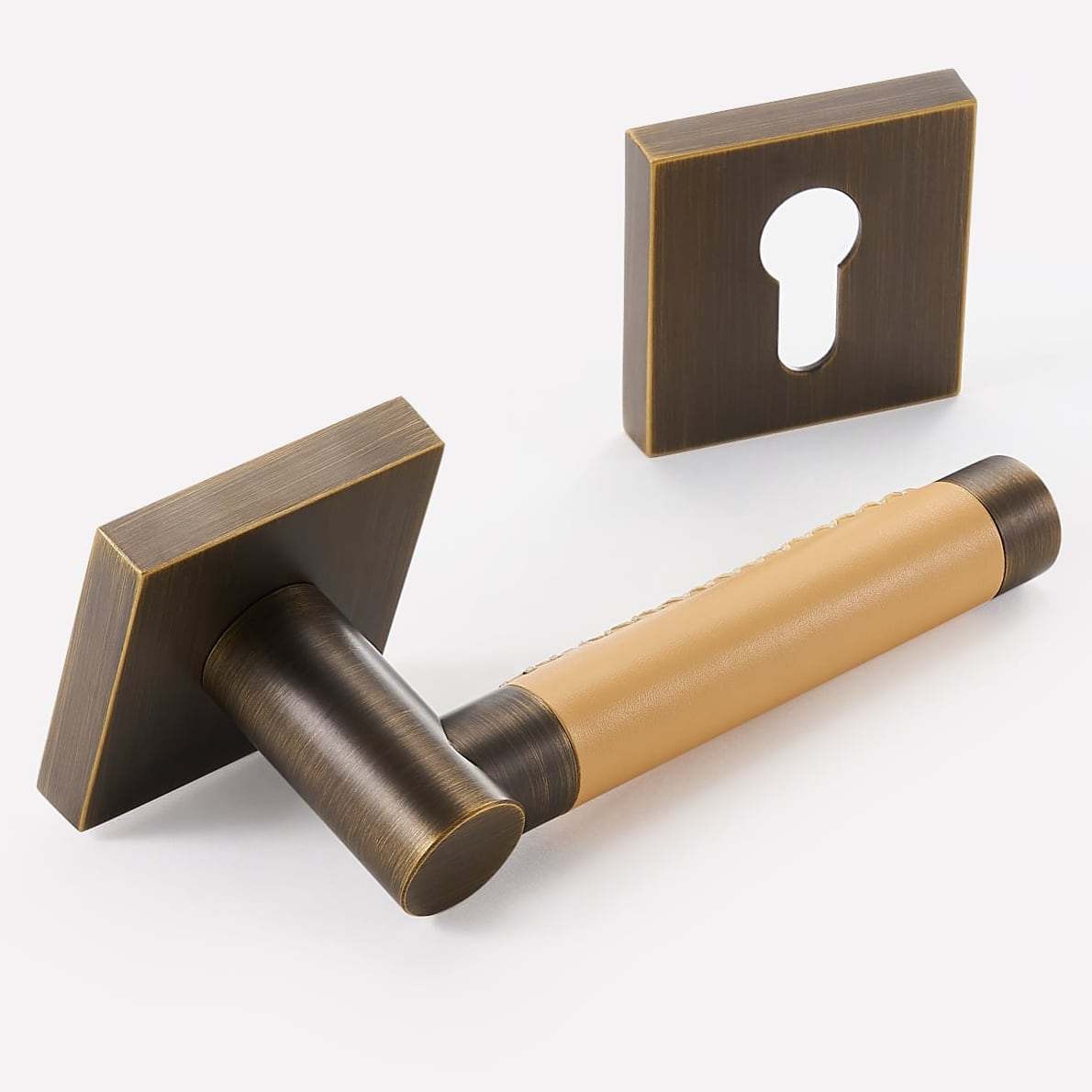BEETHAM Solid Brass & Leather Lever Door Handles - Square Rose