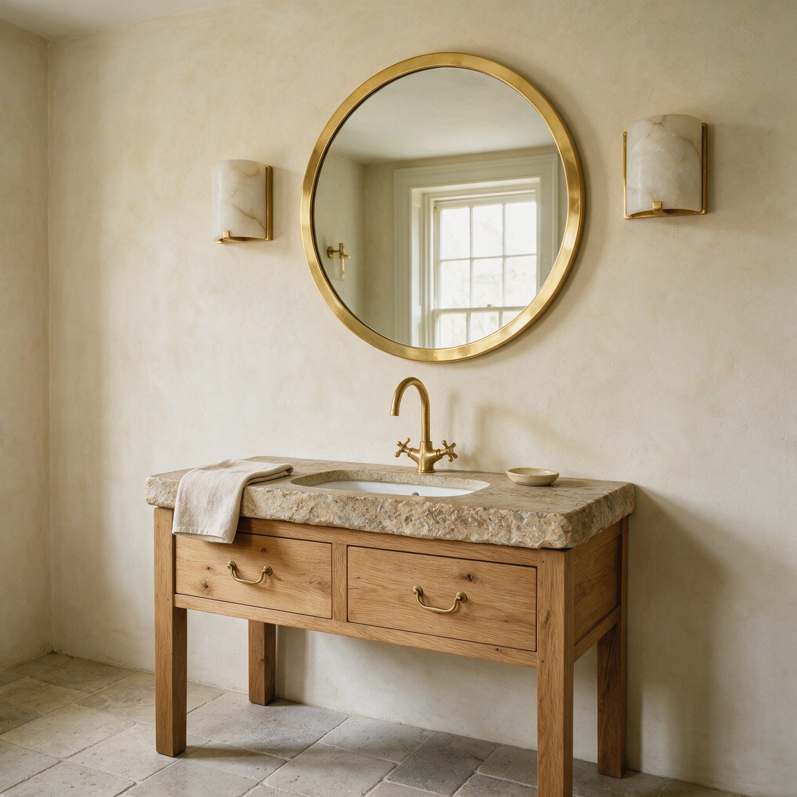 Oak bathroom vanity with brass cup pulls, brass tap and a round brass mirror